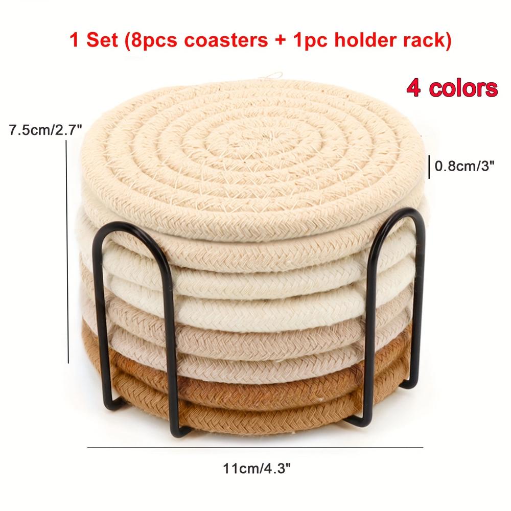 8pcs Woven Coaster Set with Holder High-Temperature Resistant Cup Coasters Absorbent Coasters for Coffee Tea Drinks