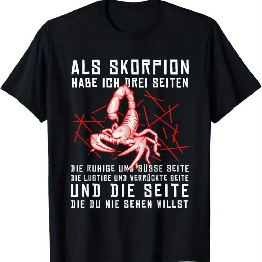 Scorpio Zodiac Birthday T-Shirt with German Proverbs Humorous Scorpion Print German Words Scorpio for Man Casual Summer Tee -... S