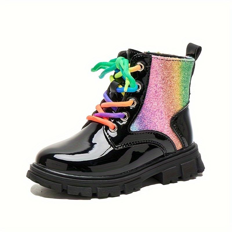 

Trendy Girls Rainbow Zip Ankle Boots Sparkly Non Slip Rubber Sole Lace Up Colorful Shoelaces Fall Winter Princess Style 26