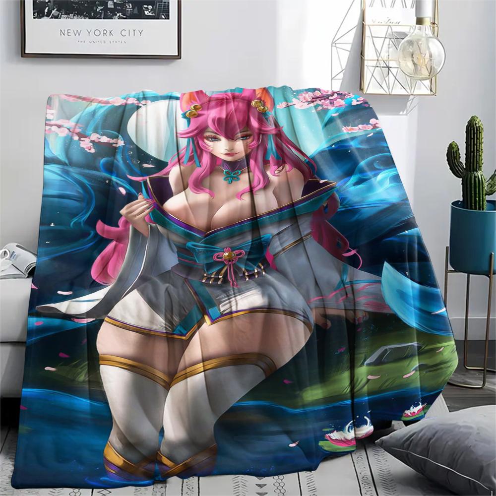 1Pc KDA Ahri Print Flannel Blanket, High Quality Comfortable for All Seasons, Home Decor, Warmth and Comfort, Perfect for Gifts