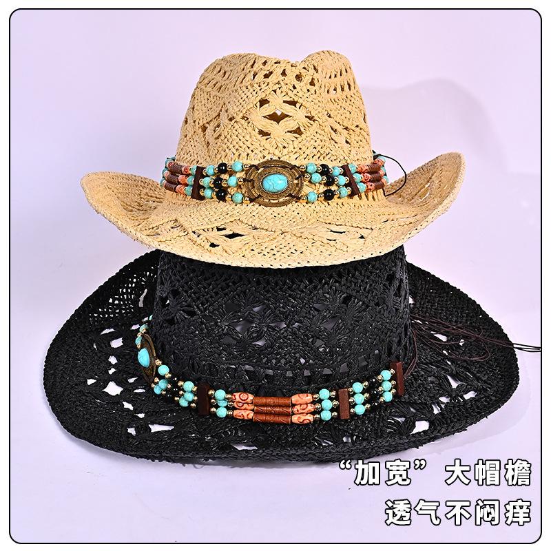 

Summer retro western cowboy hat children beaded hollow straw hat outdoor beach sun hat One Size