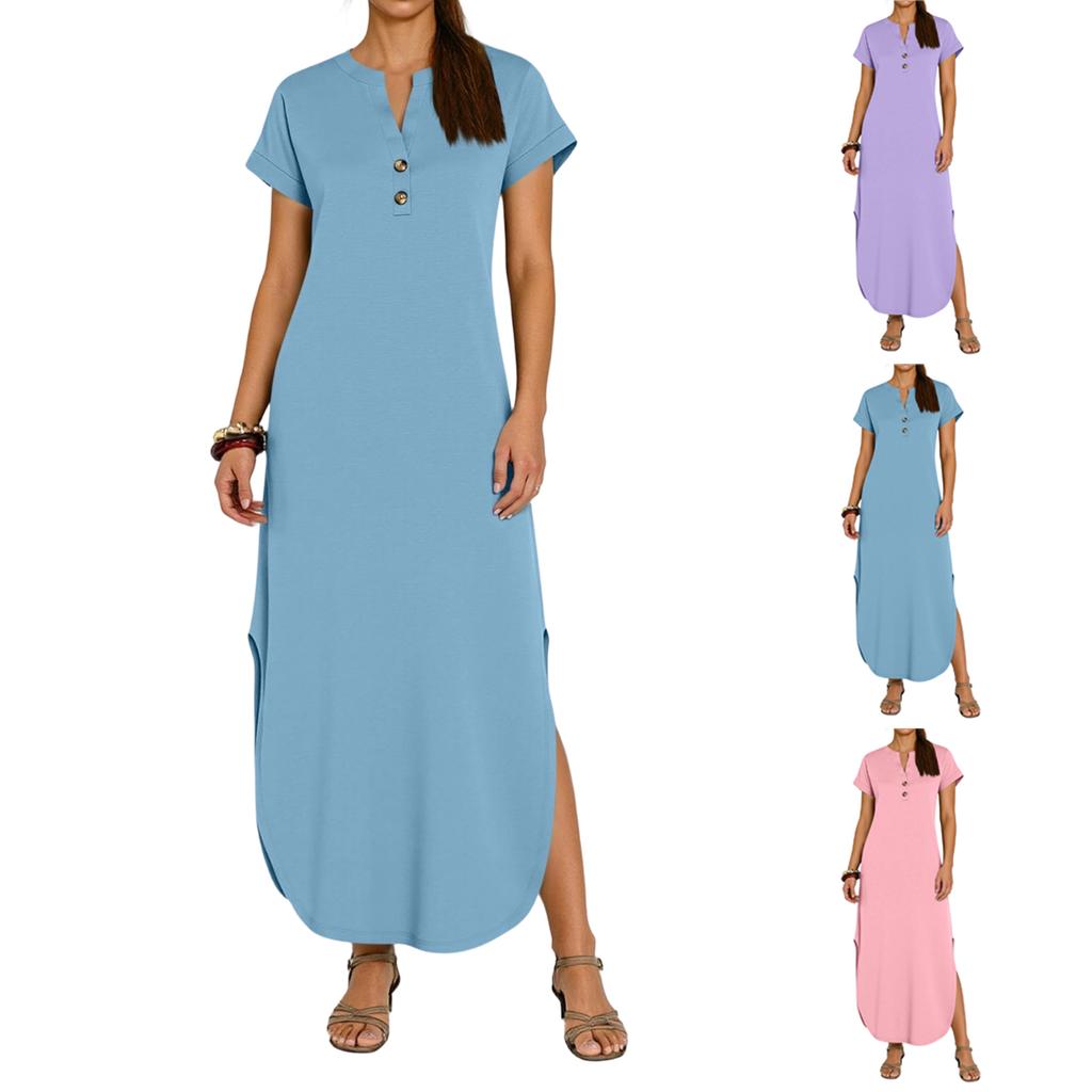 Women's Color Casual Fashion Short Sleeved V-neck Dress