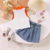 Girls Fashion Set Summer Kids Casual Sleeveless Flower Vest Lace Denim Shorts Set