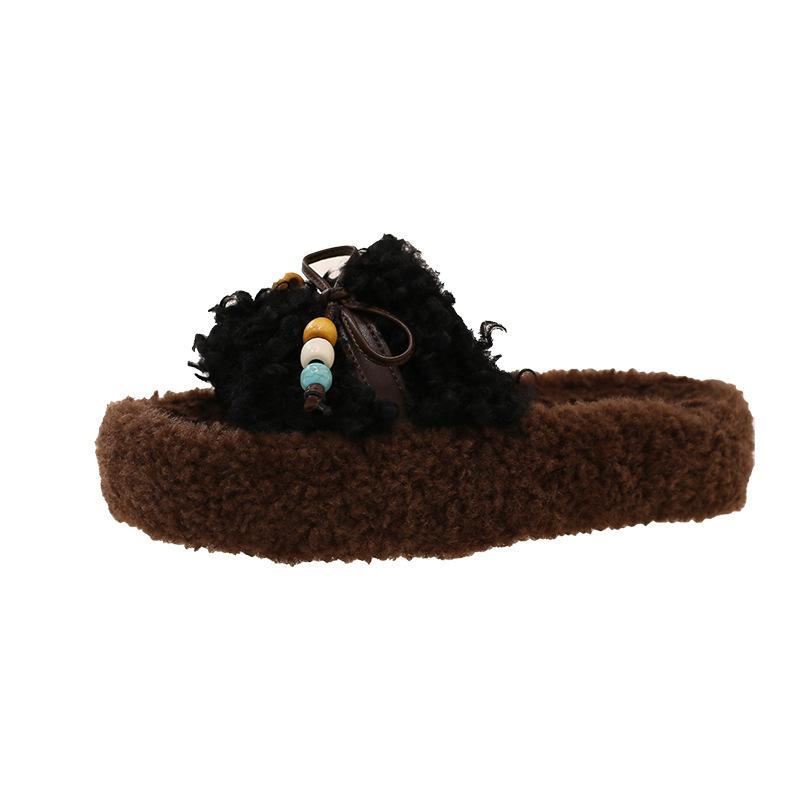 Korejské dámské pantofle s tlustou podrážkou a chlupatým svrškem pro nošení 2025 nové podzimní a zimní bavlněné pantofle s měkkou podrážkou a barevným provedením