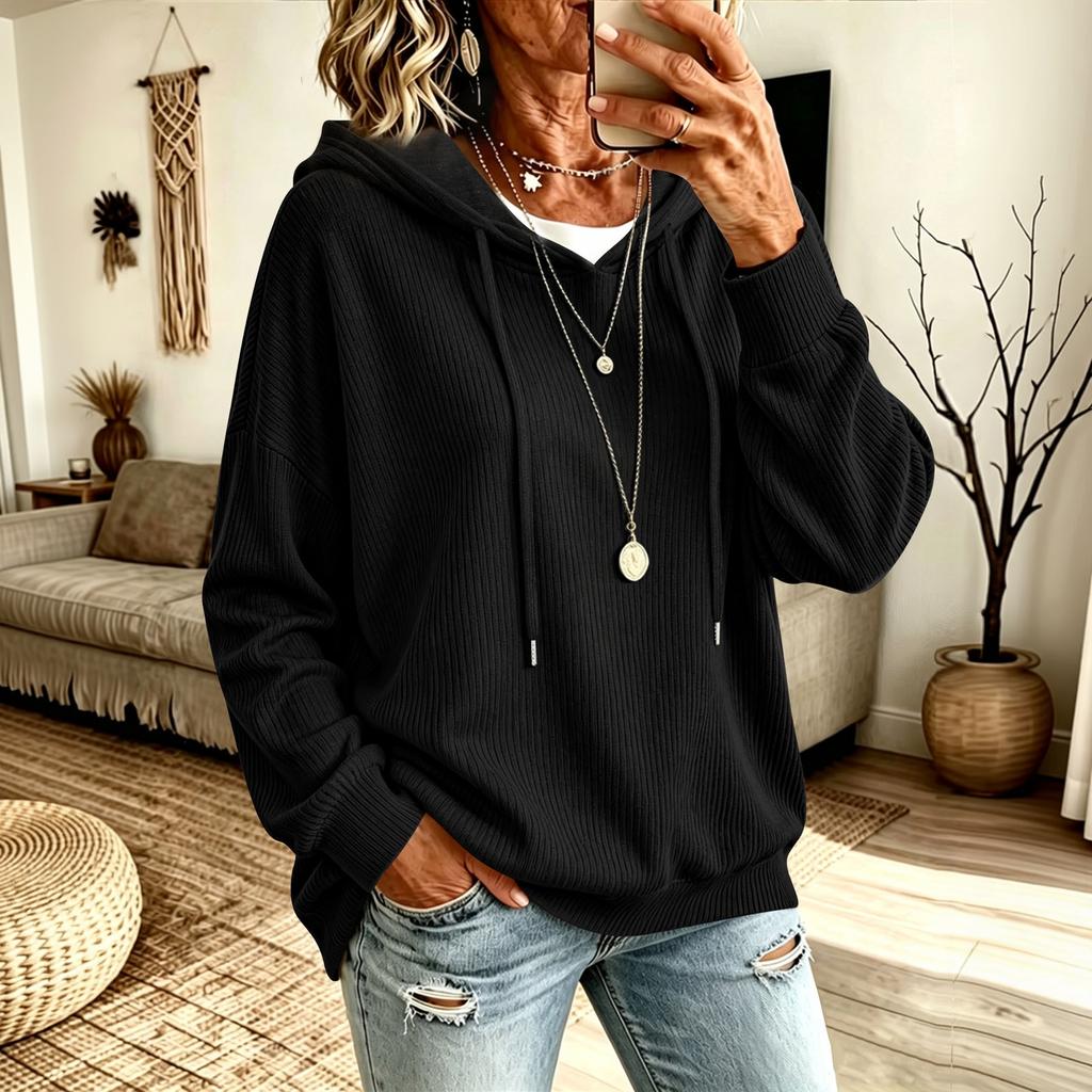 Women's Color Hooded Corduroy Knit Sweatshirt Casual Pullover Top