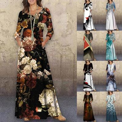 Women's Fashion Graphic Print Maxi Dresse Long Sleeve Loose Floor Length Dress Casual Long Dress with Pocket