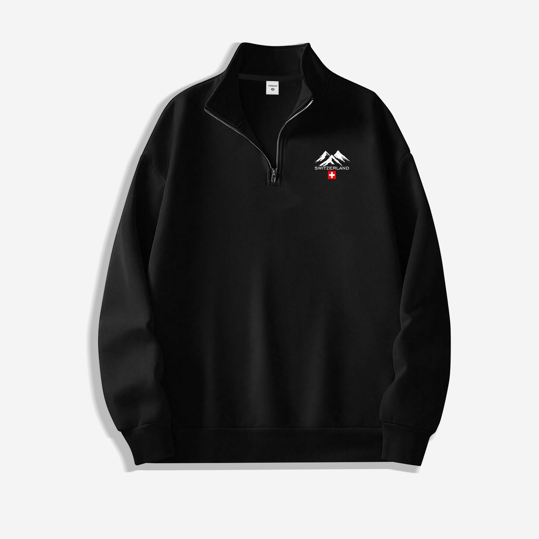 

Minimalist Style: Switzerland Swiss Flag Snow-Capped Mountain Print Half-Zip Sweatshirt – Relaxed-Fit Stand-Up Collar Top for Everyday Commuting L чёрный