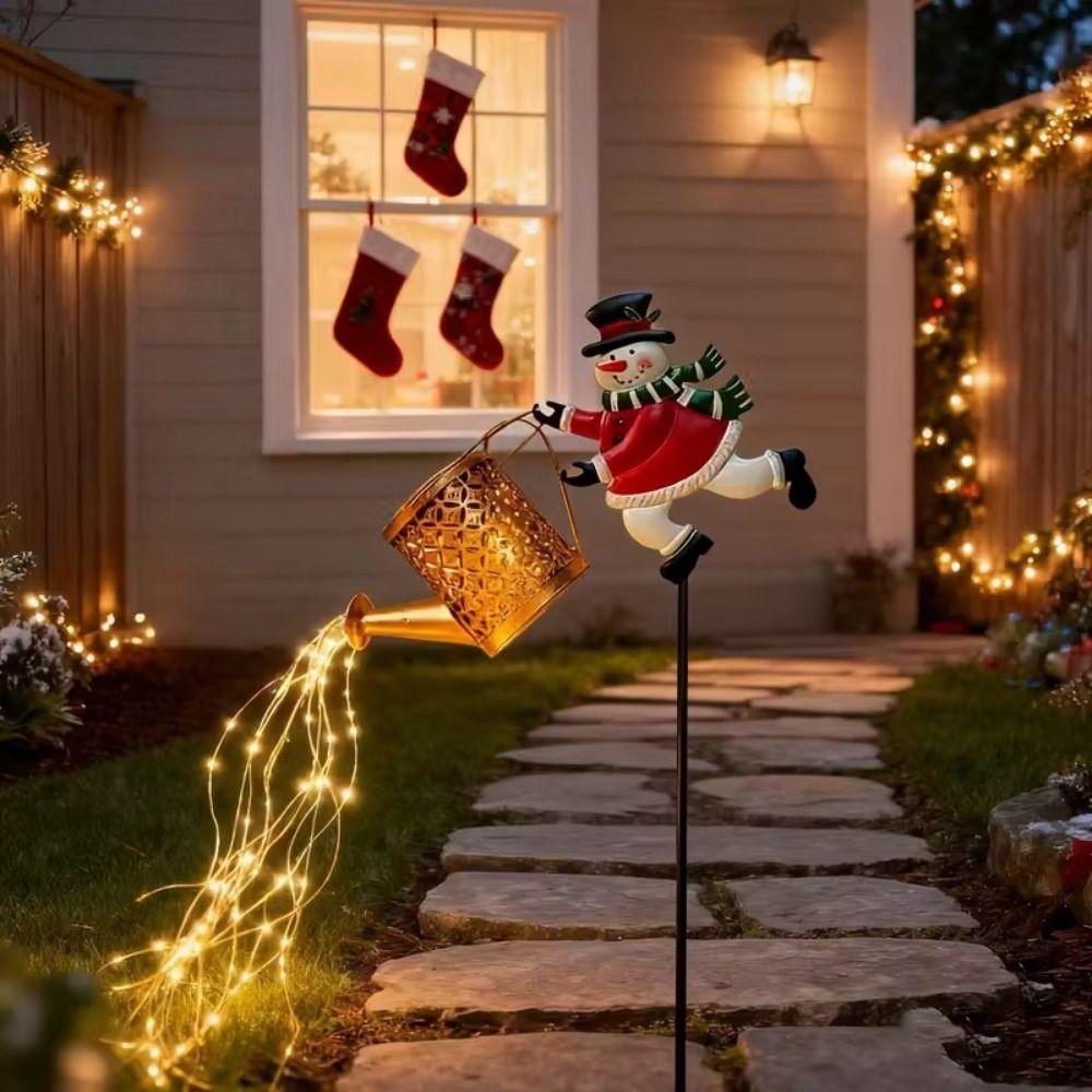 Watering Can Solar Snowman Lights Weather Resistant Solar Powered Christmas Patio Decorations LED Light Outdoor Metal Crafts