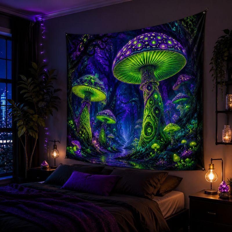 Mushroom Blacklight Tapestry Neon Forest Wall Hanging Psychedelic Bedroom Dorm Party Home Decor