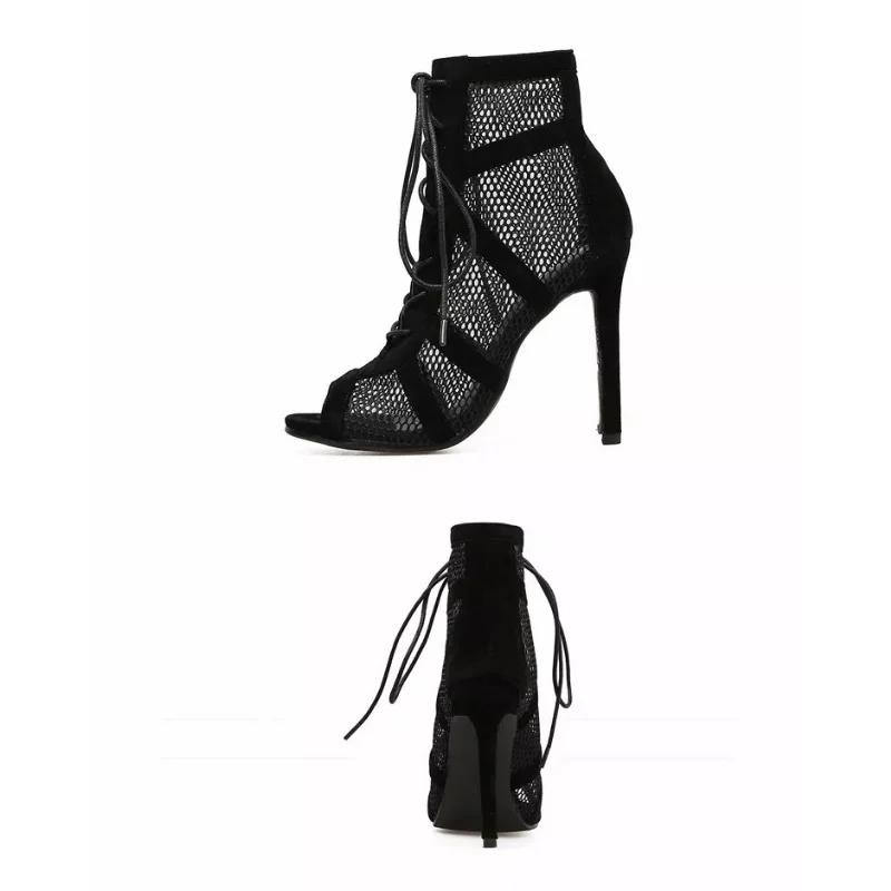 Fashion Black Net Fabric Cross Strap Sexy High Heel Sandals Woman Shoes New Fashion Show Pumps Lace-up Peep Toe Sandals Casual Mesh