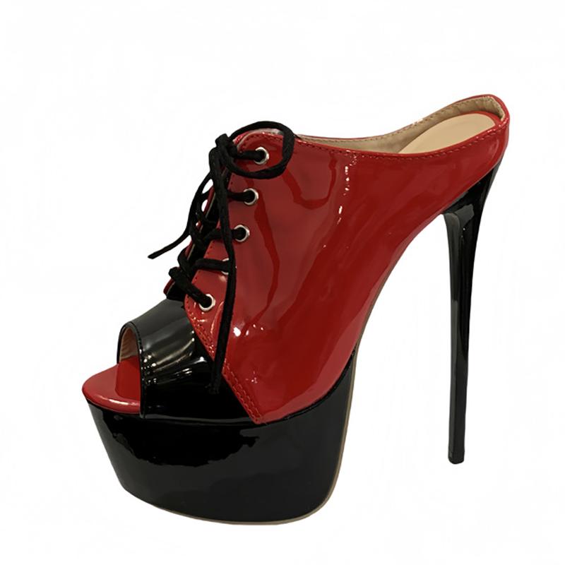 

Summer 16CM Super High Heels Modern Slippers For Woman Lace Up Peep Toe Platform Sandals Women Banquet Party Shoes Pumps 35 красный