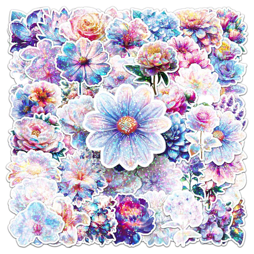 50 Sheets Holographic Iridescent Floral Stickers - Colorful, Waterproof, INS Style for Storage Boxes & Teacups