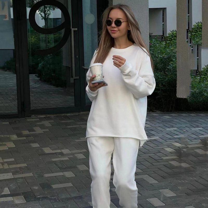 

Модный свитер с длинным рукавом и круглым вырезом, спортивные штаны, повседневный костюм-двойка, однотонный комплект из топа и брюк Creamy White L