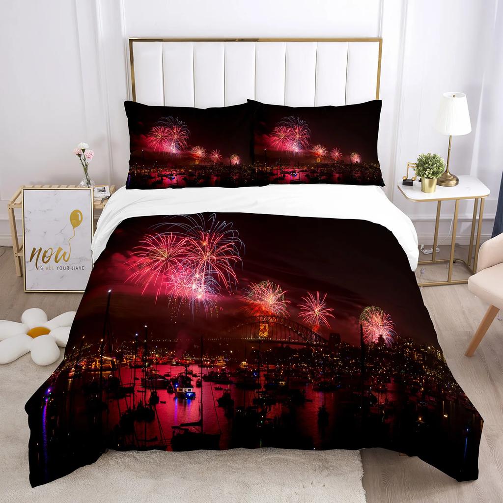 Colourful Fires Bedding Set Washed Cotton Firework Duvet Cover Queen Size Celebrate Merry Christmas Theme Soft Comforter Cover