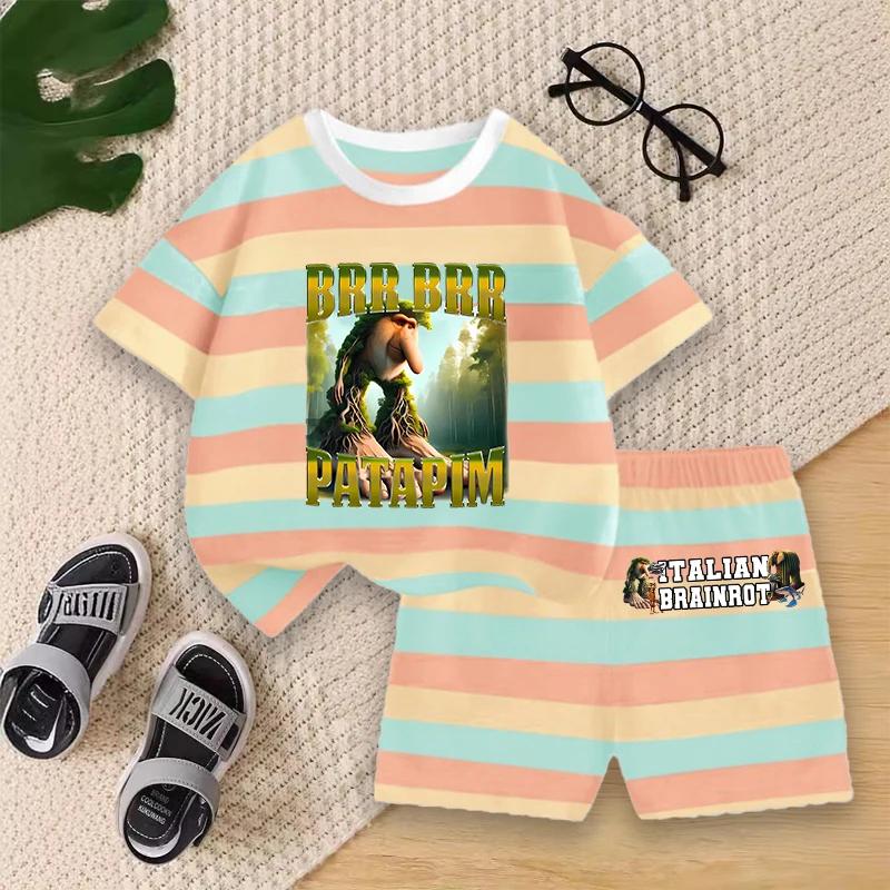 Boys Summer Striped Outfit Set Kids Cartoon Animal Print Short Sleeve T-shirt and Shorts for Play Outdoor