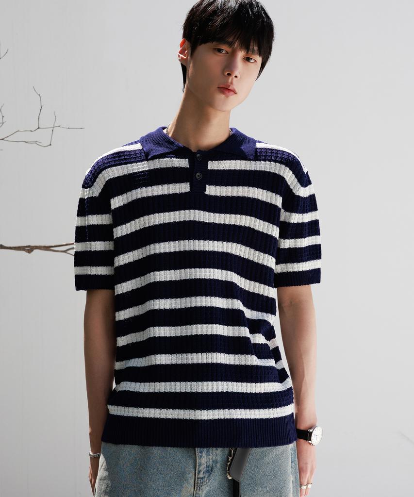 NODU Waffle Stripe Collar Crop Half Knit [Navy]
