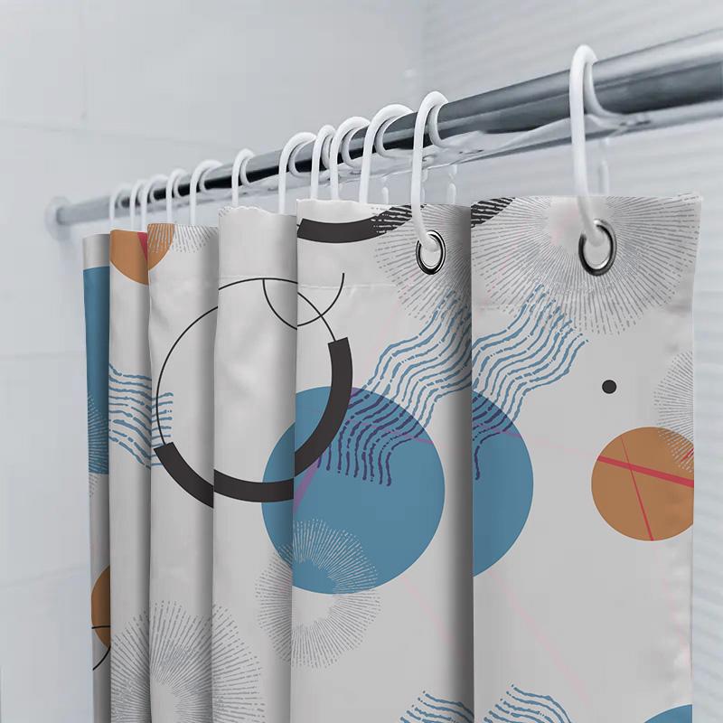 Modern Bathroom Shower Curtain: Blue Circle Waves Black Rings White Background Pattern Print Waterproof Decor for Home Bathrooms