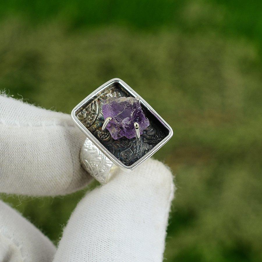 Natural Amethyst Rough Gemstone 925 Silver Solitaire Adjustable Ring For Girls Adjustable