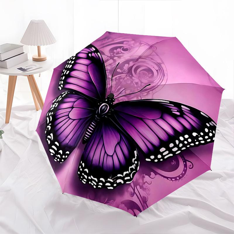 1pc Purple Butterfly Themed Umbrella, 8 Rib Frame,Automatic Opening 3 Fold Umbrella, Lightweight and Durable Couple Umbrella-042