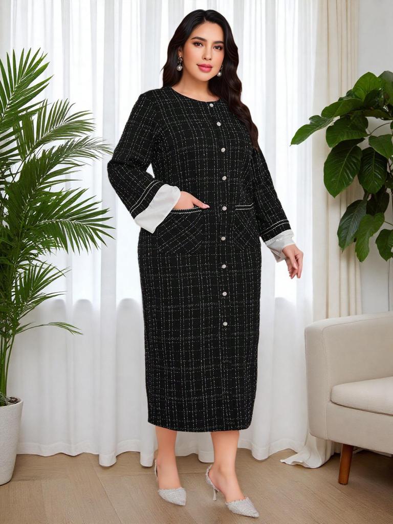 Middle East Houndstooth Long Sleeve Plus Size Round Neck Dress