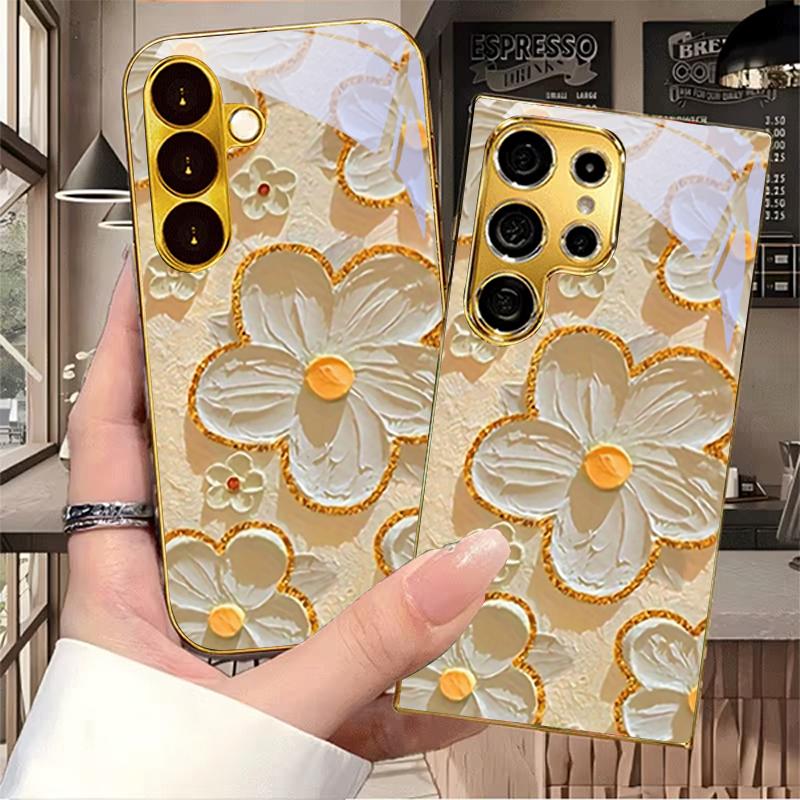 Textured White Flora Electroplated Golden Phone Case For Samsung S22 Ultra S21 S20 FE S23 Plus S24 S25 S26 Note10 20 Glass Cover