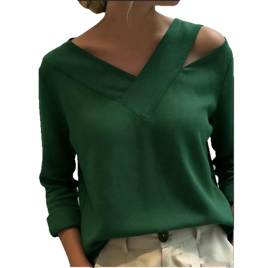 2026 Spring/Summer Elegant Off-Shoulder V-Neck Solid Color Long-Sleeve Top