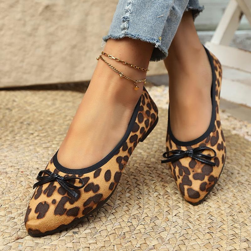 Leopard Suede Low-Top Single Shoes Women's Autumn New Pointed Toe Shallow Mouth Bow Soft Sole Soft Side Non-Slip Flats