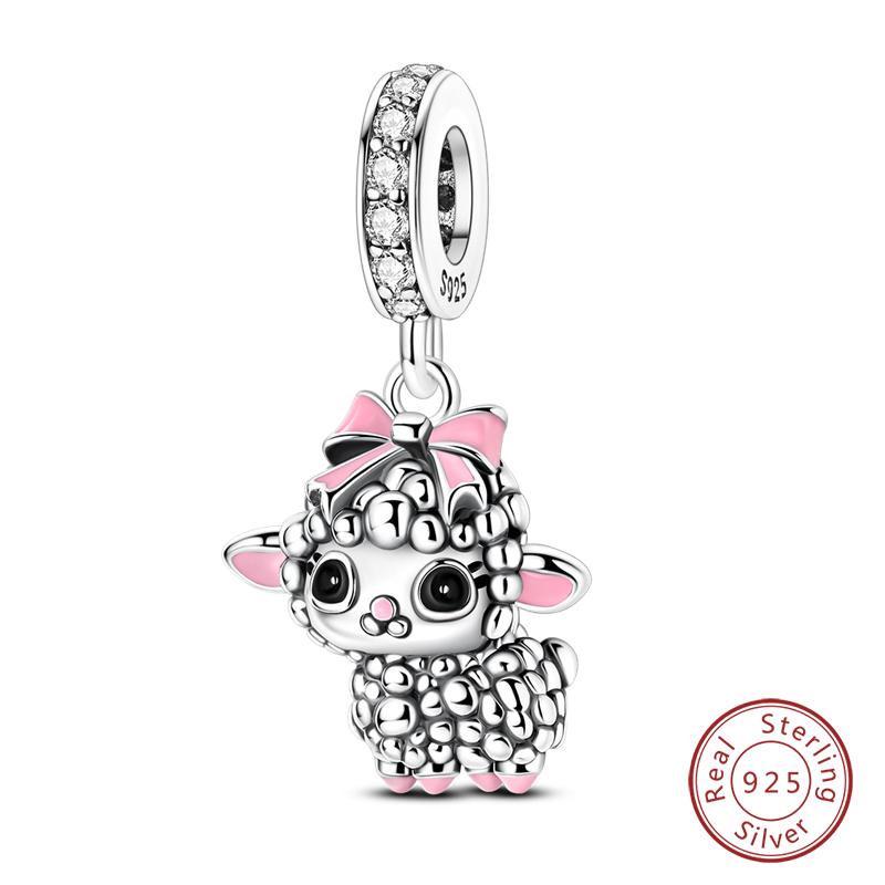 Fit 925 Silver Charms Beads Little Bear Lamb Little Flying Pig Pink Charms For Women DIY Birthday Jewelry Gift