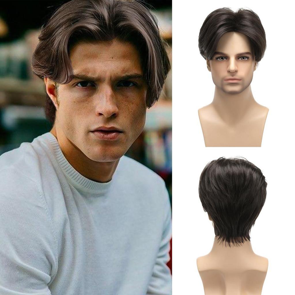 Men's Fashion Middle Part Wig, Brown Layered Medium-Length High-Temperature Fiber Hairpiece