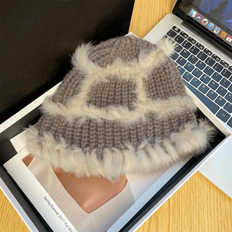 Rabbit hair knitted fisherman's hat children's winter big head circumference ear protection wool hat thickened warm face small bucket hat