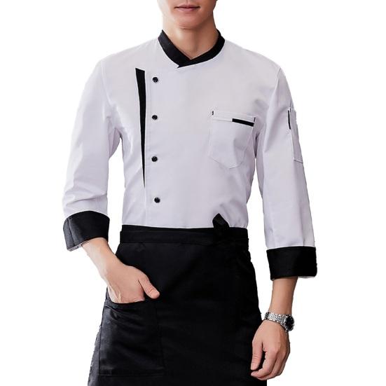 Kochuniform-Schürzenset: Stehkragen, Kurzarm, knitterfrei, mit mehreren Taschen, Patchwork-Design, professionell.