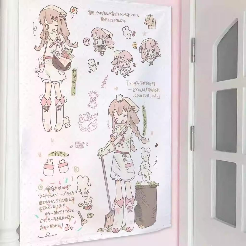 Kawaii Cupid Angel Anime Girls Tapestry Cute Line Art Sweet Wall Hanging Pink Girly Aesthetic Background Cloth for Bedroom Dorm