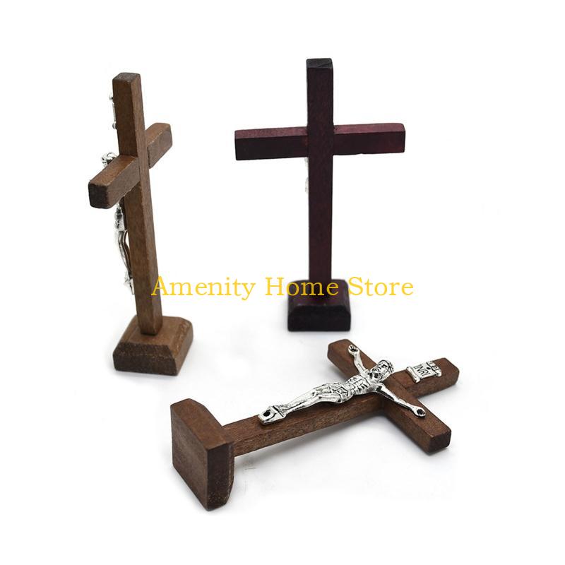 F26C Wooden Catholic Jesus for Cross Crucifix with Stand Religious Prayer Tabletop De
