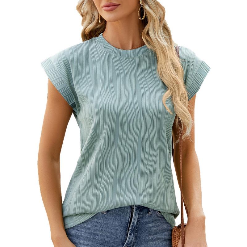 Women's Summer Solid Color Crew Neck Cover Shoulder Sleeve T-shirt Top Vest
