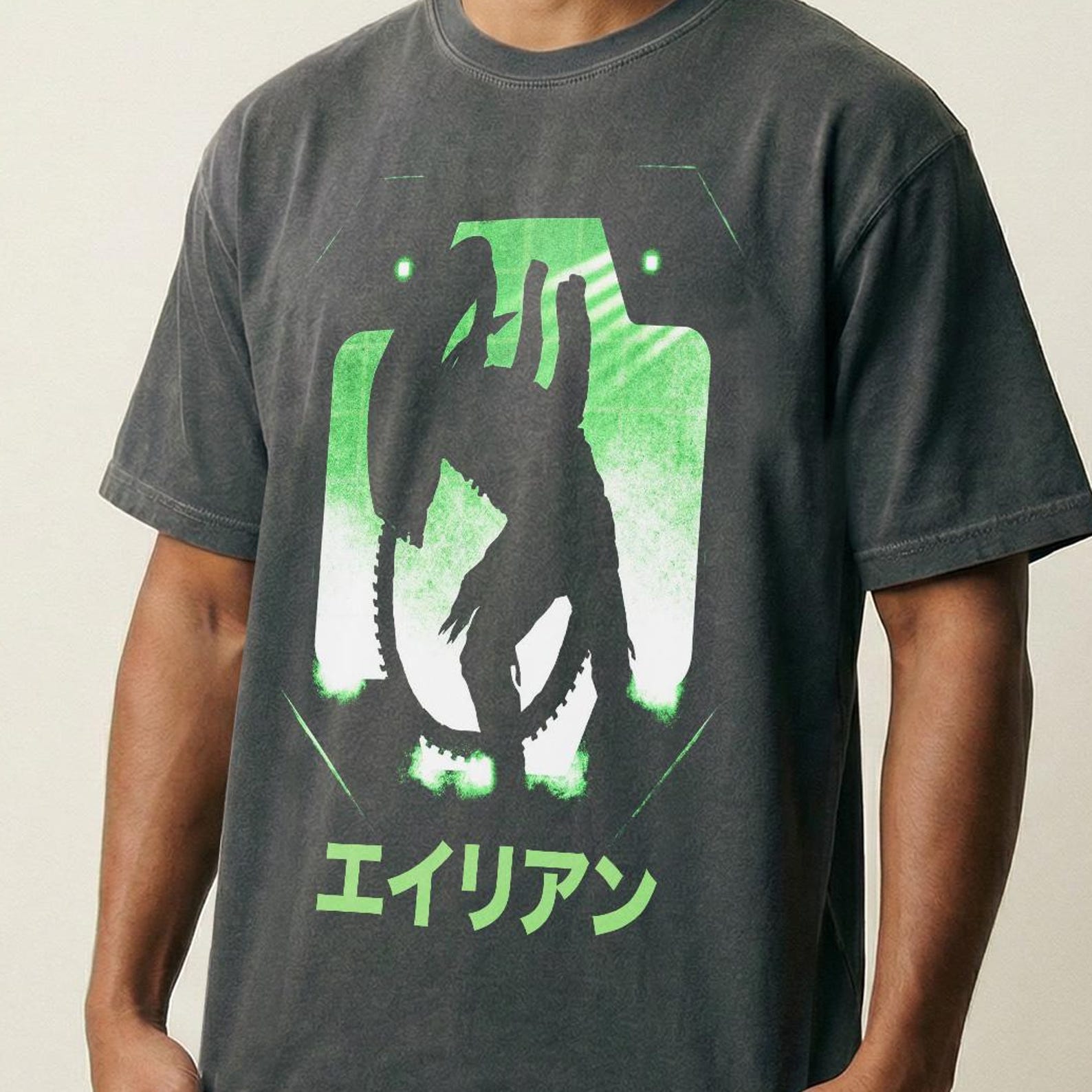 Retro Alien Graphic Tee, Neon Green Xenomorph Movie Art T-Shirt L