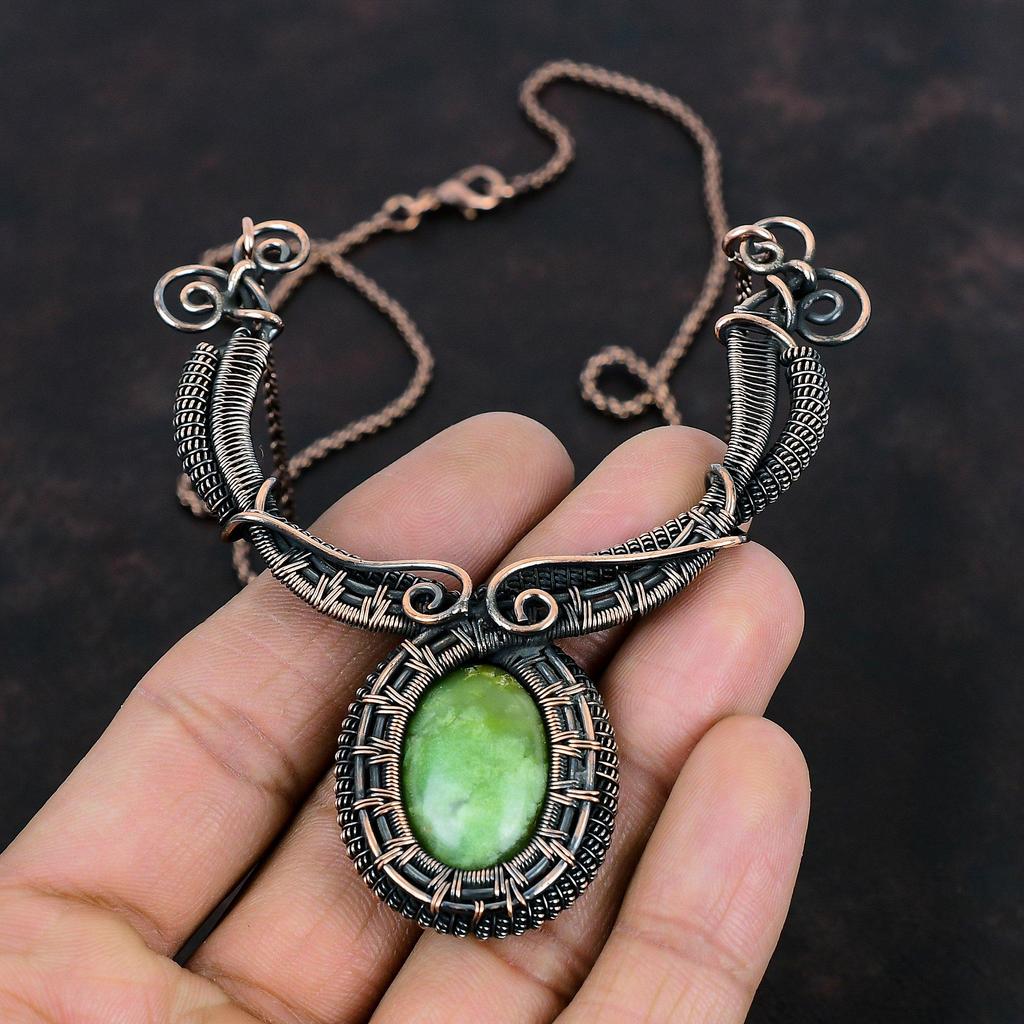 Chrysoprase Necklace Copper Wire Wrapped Necklace Gemstone Necklace Wire Design Jewelry Handmade Necklace For Gifts Copper Wire Wrap Jewelry