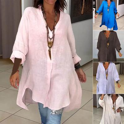 Camisa Feminina Decote V Manga Comprida Bainha com Fenda Lateral Pulôver Tops Cor Sólida Caimento Solto Camisa de Verão Uso Diário
