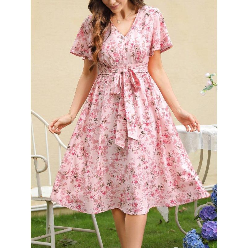 Women Floral Print Midi Dress V Neck Flutter Sleeve Waist Tie Casual Daily And Party Wear