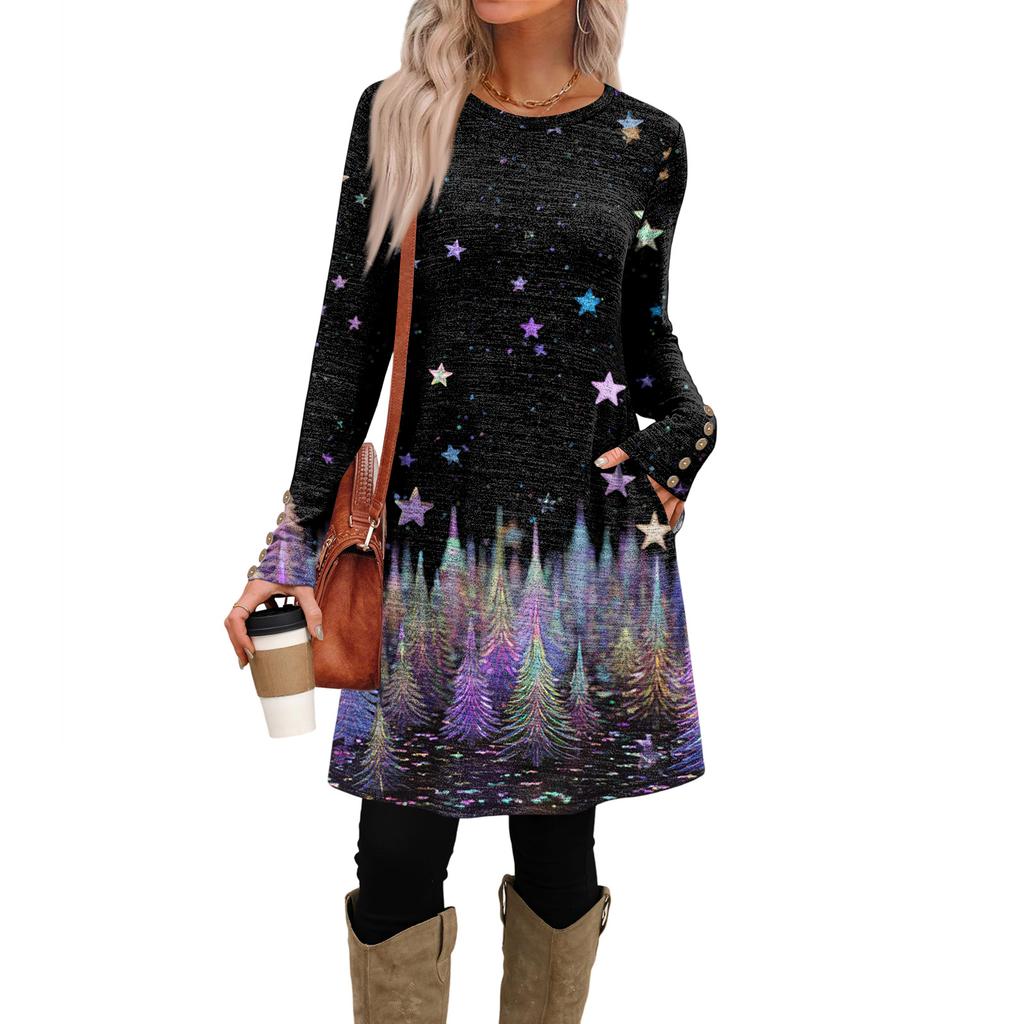 Rochie Casual de Damă la Modă cu Buzunare, Nasturi Decorativi, Imprimeuri de Crăciun, Gât Rotund și Mâneci Lungi