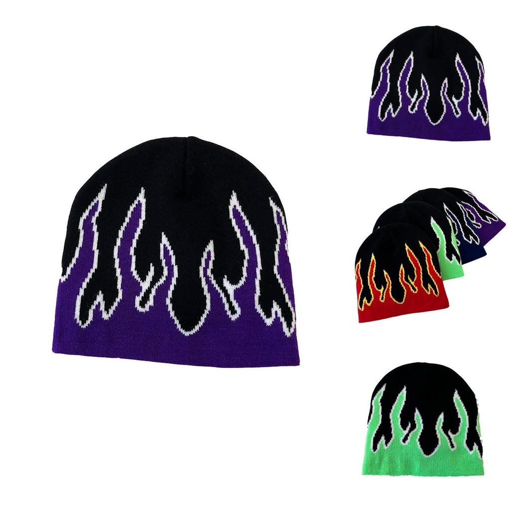 Punk Knitted Hat For Men With Flame Design And Letter Embellishments For Streetwear And Winter Warmth