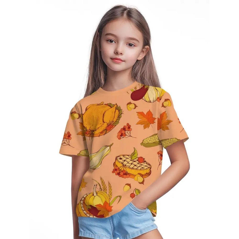 Girls' Clothing Thanksgiving Turkey 3D Printed Short Sleeved T-shirt Casual Holiday Cartoon Boy T-shirt Summer Children's Top
