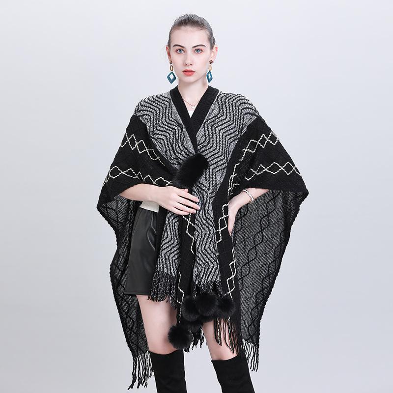 New Imitation Cashmere Elegant Women Pompom Scarf Winter Ladies Striped Fringed Poncho Femme Capa Para Mujer Pashmina Wrap Shawl