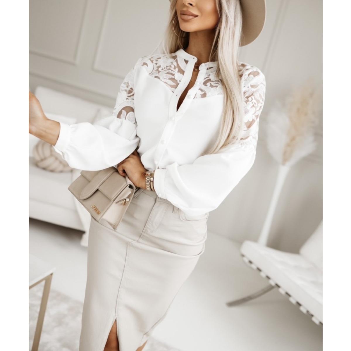 

2025 Осень Зима Новая Женская Однотонная Блузка Рубашка с Кружевной Отделкой для Европы Америки XXL белый