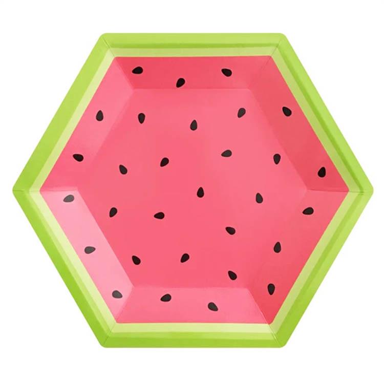 Fruit-Themed Disposable Picnic Set: Lemongrass, Strawberry, Watermelon, Pineapple Plates, Gold Foil Lace Party Plates, Cups & Napkins.