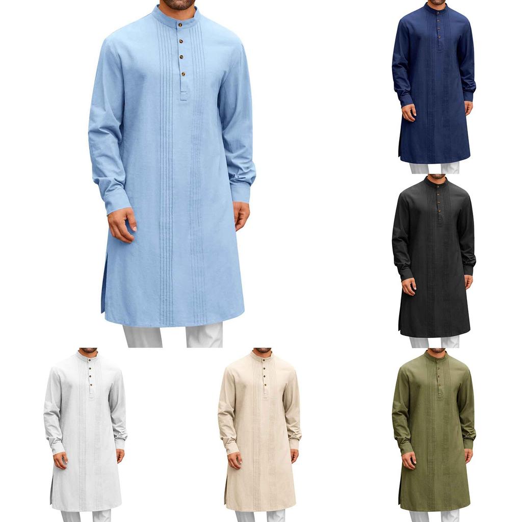 Arabic Style Fashion Simple Long Length Mens Shirt Muslim Robe Thobe Comfortable Soft Fabric Traditional Islamic Clothing Daily Prayer Casual Wear