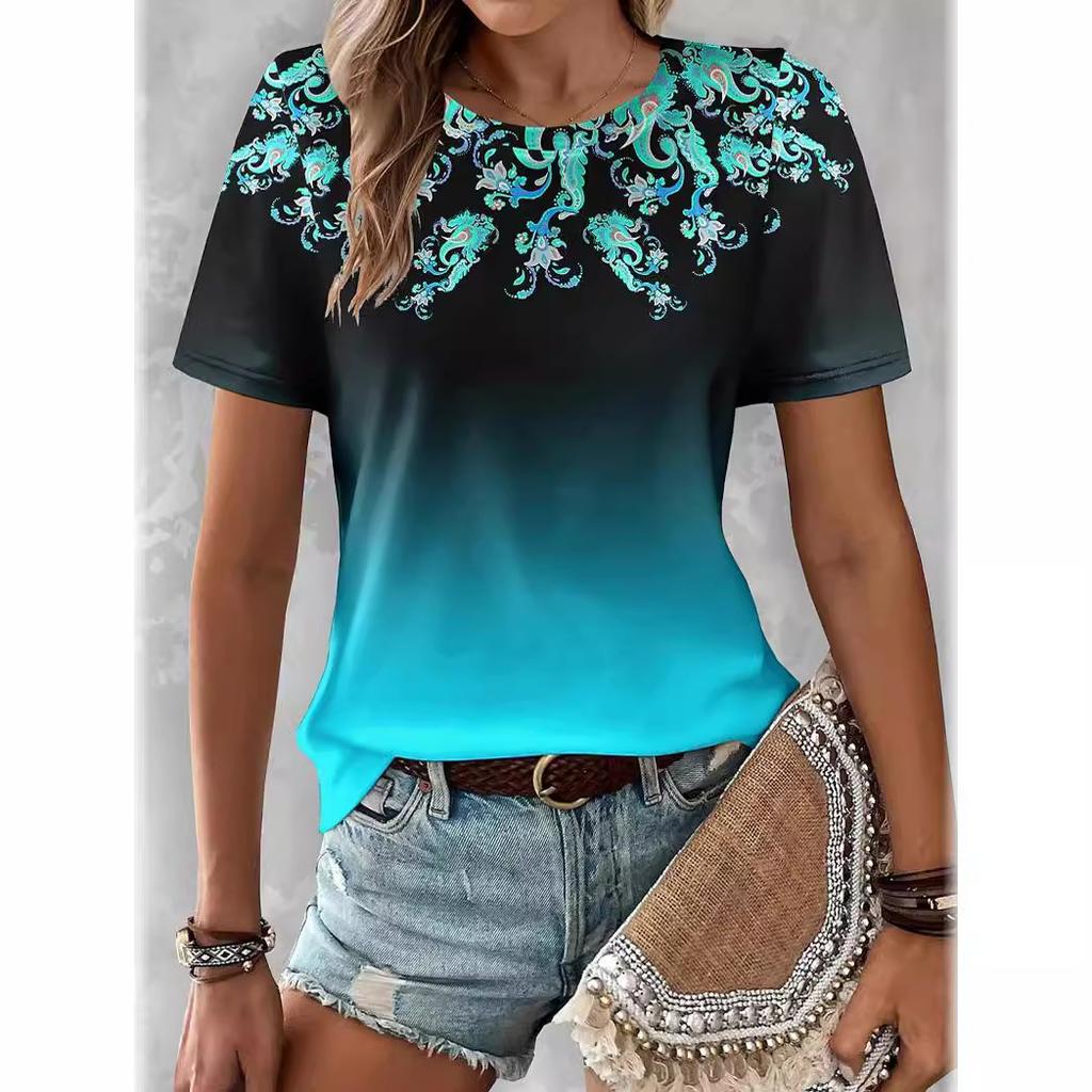 Summer New Flower 3D Printed Casual Round Neck Loose Women's Short Sleeved Top T-shirt