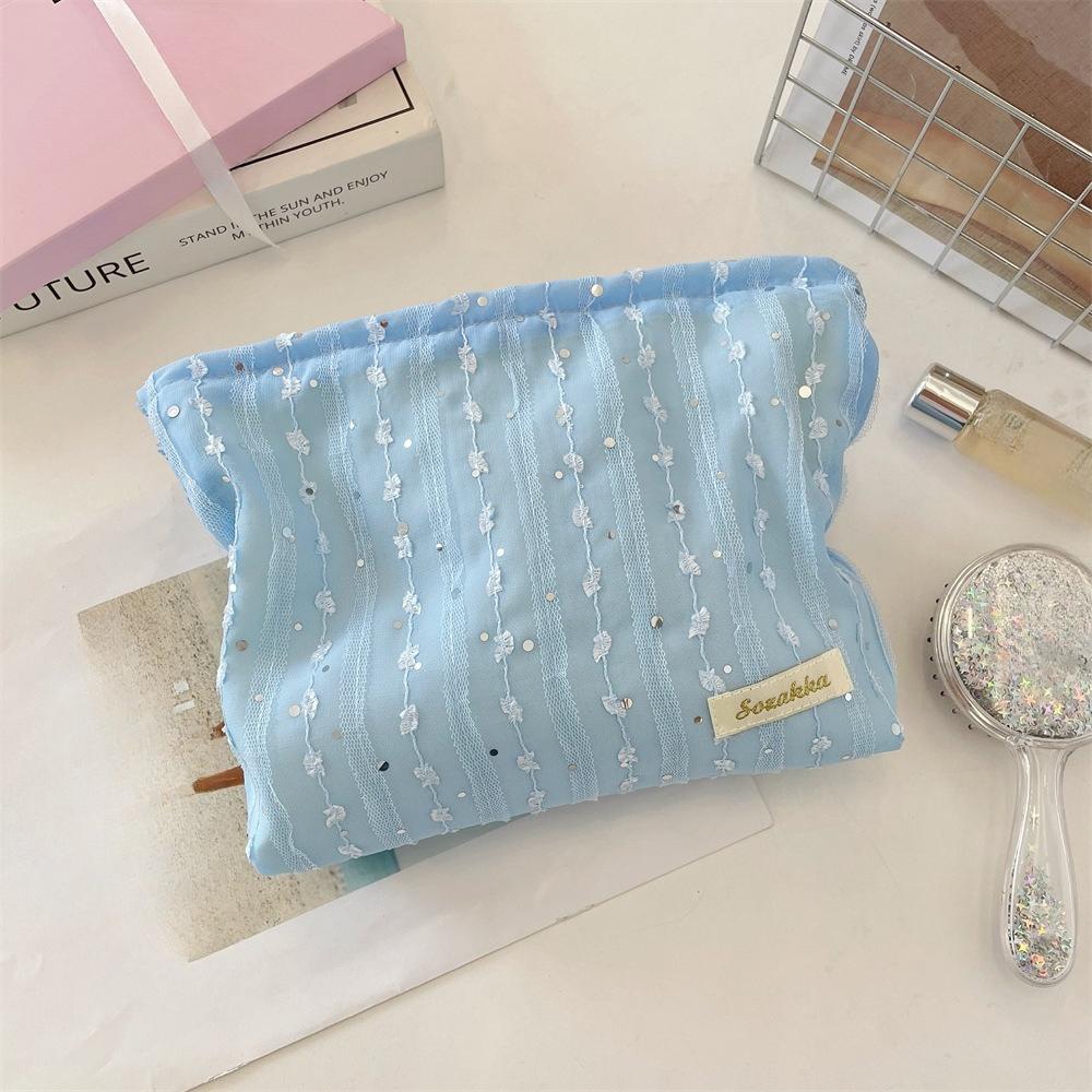

Lace Striped Paillette Cosmetic Bag Portable Travel Toiletry Bag Washing Cosmetic Organizer Makeup Storage Bag