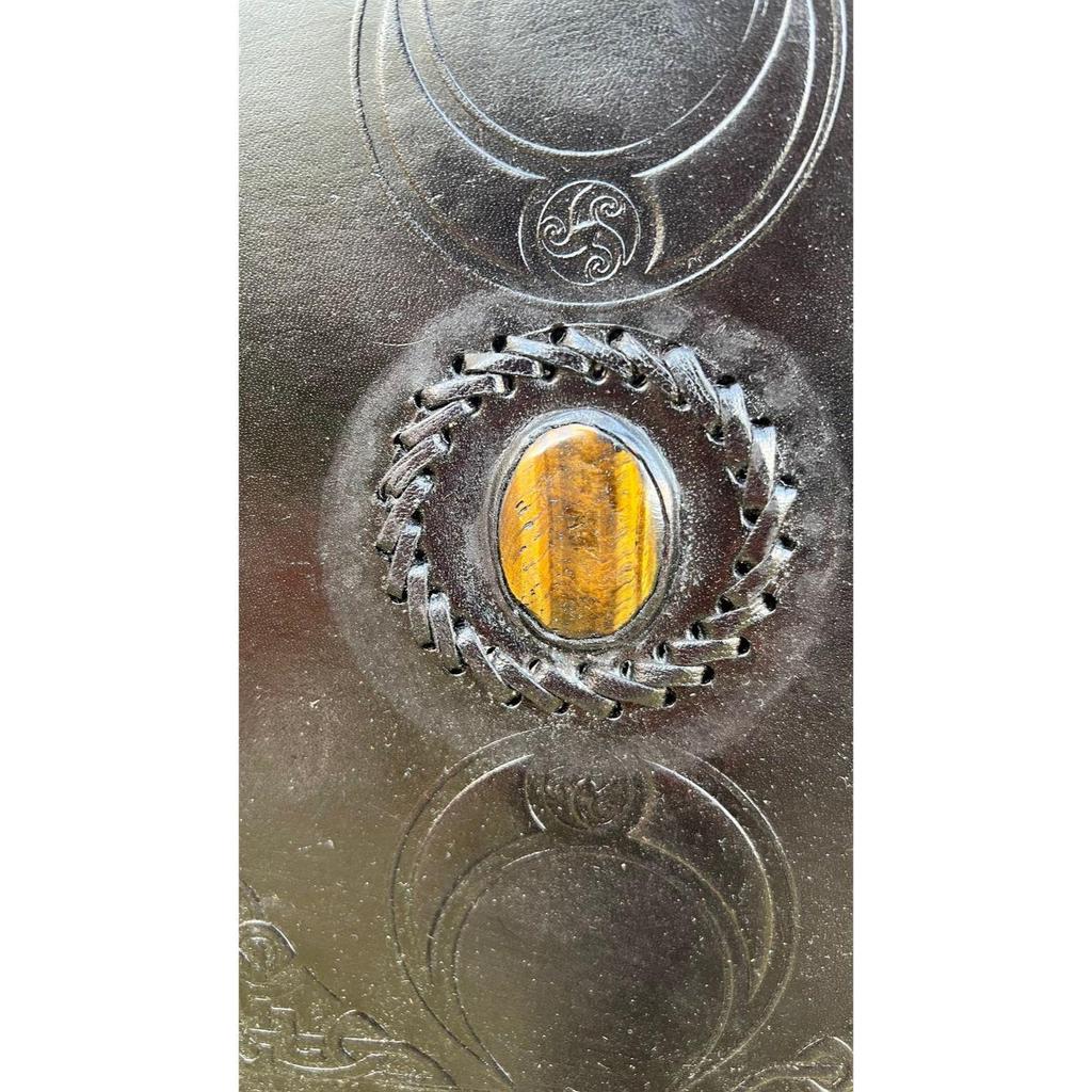 Handmade Black Leather Journal: Triple Moon Stone Embossed Notebook