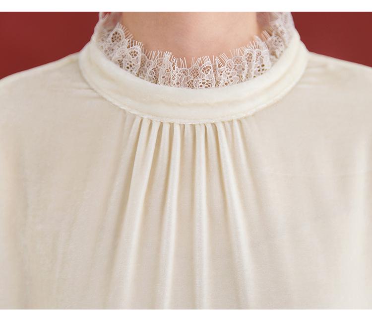 Damen Seiden Samt Plissee Spitze Pullover mit Stehkragen - Herbst Französischer Stil