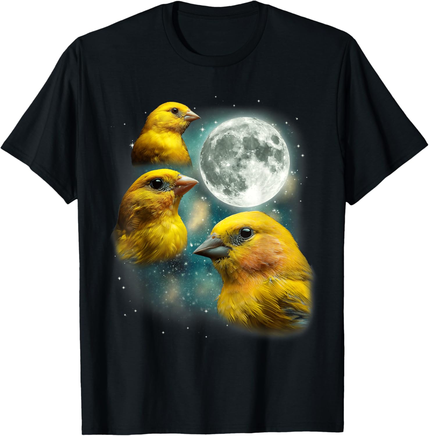 Three Yellow Canaries Full Moon Night Sky Graphic Tee Casual Cotton Crewneck T-Shirt for Men 4XL